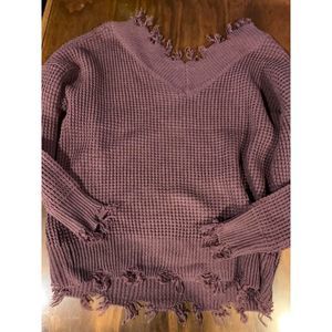 Zenana Med Distressed Eggplant Purple Sweater Long Sleeve Waffle Knit Never Worn